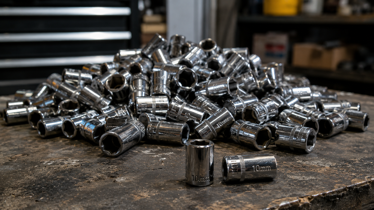 A massive pile of chrome 10mm sockets resting on a worn shop workbench.