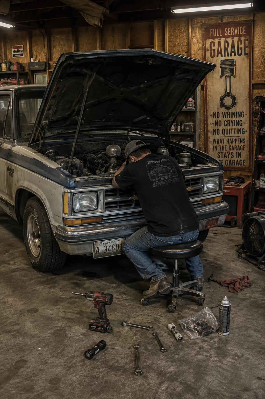 Mechanic working on an old truck in a cluttered garage during a frustrating repair