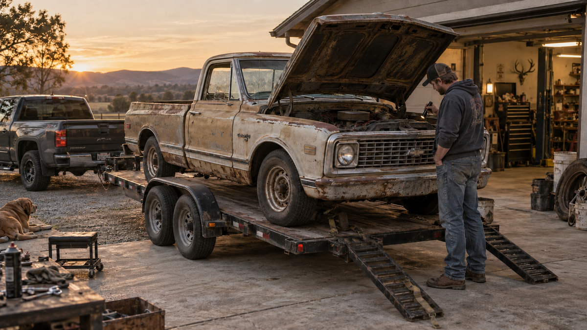 Man inspecting the open engine bay of a freshly unloaded old project truck with the trailer still hooked up