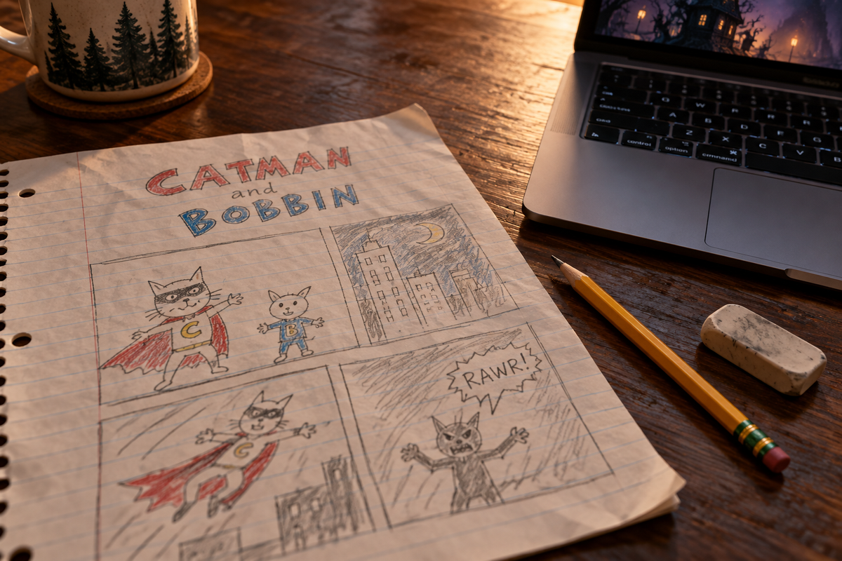 A childhood-style Catman and Bobbin comic sketch beside a modern laptop on a wooden table.