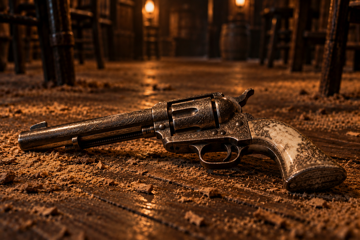 A worn engraved Colt-style revolver resting on a sawdust-covered saloon floor under warm lamplight.