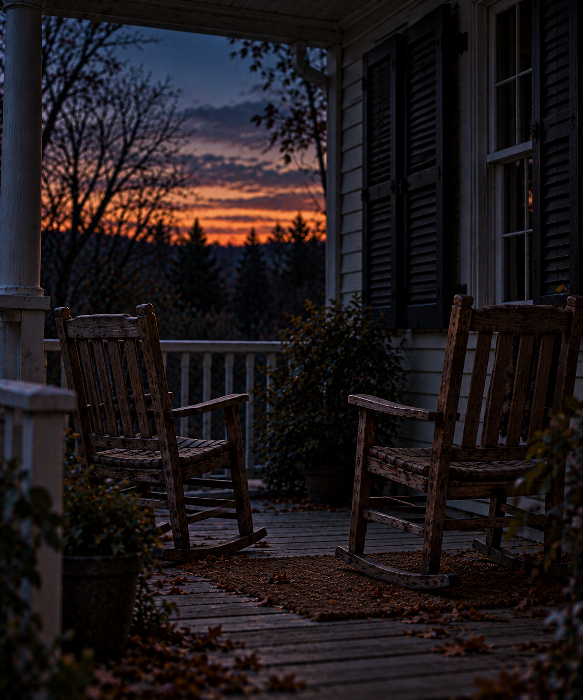 Two empty rocking chairs on a dark porch at dusk beneath a fading orange and blue sky.