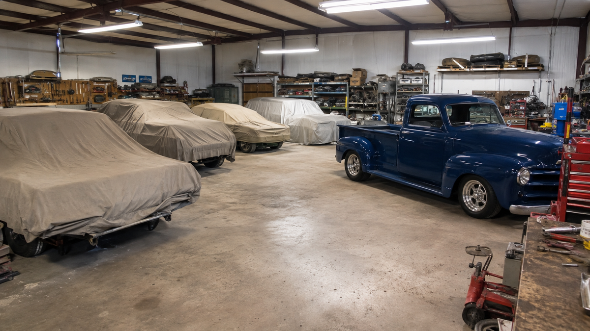 Classic blue pickup truck and covered project cars sitting inside a shop surrounded by car parts.