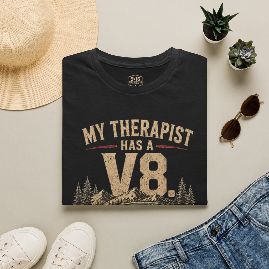 My Therapist Has a V8 Gildan Softstyle 64000 front graphic tee by Nine Sixteen Supply Co.