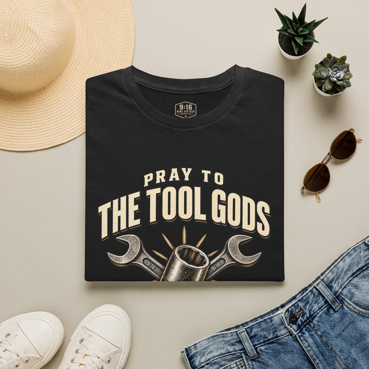 Pray to the Tool Gods Gildan Softstyle 64000 front graphic tee by Nine Sixteen Supply Co.
