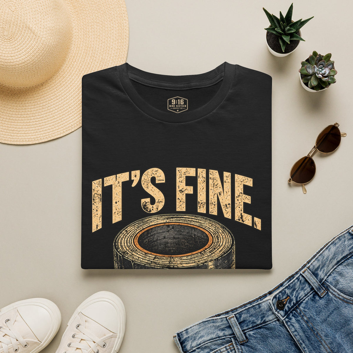 It's Fine. Probably. Gildan Softstyle 64000 front graphic tee by Nine Sixteen Supply Co.