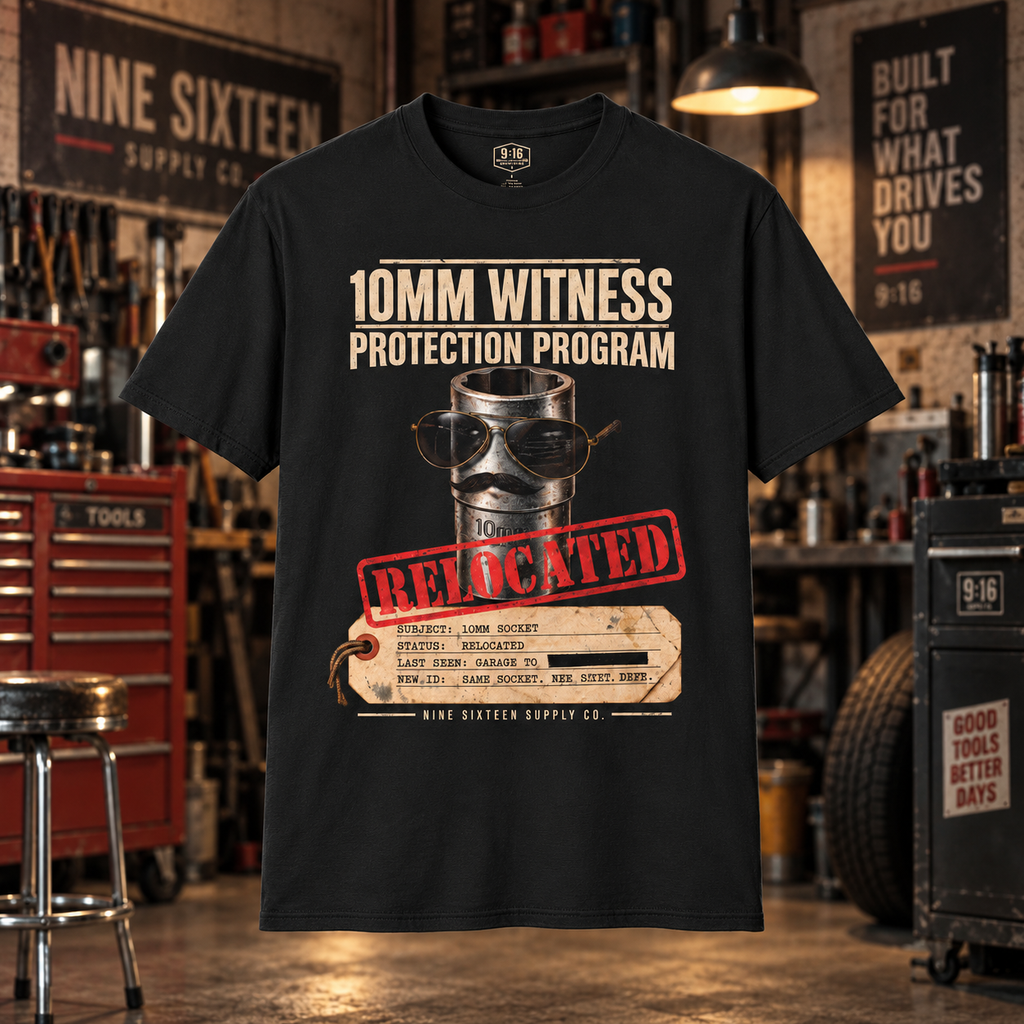 10MM Witness Protection Program graphic tee in a vintage garage workshop by Nine Sixteen Supply Co.