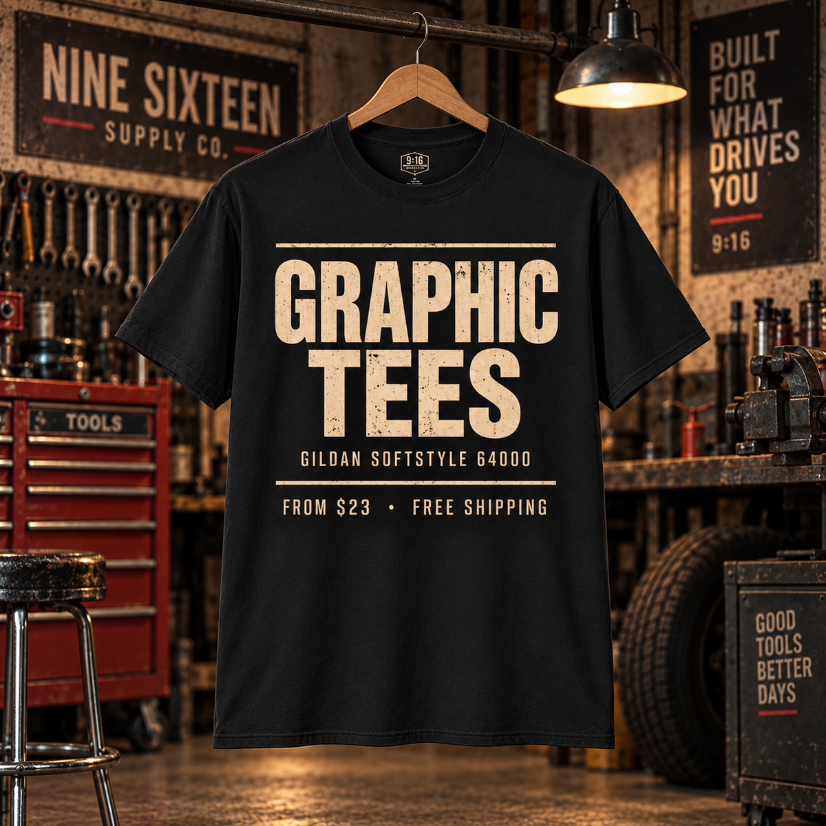 Nine Sixteen Supply Co Graphic Tees collection featuring Gildan Softstyle 64000 shirts.