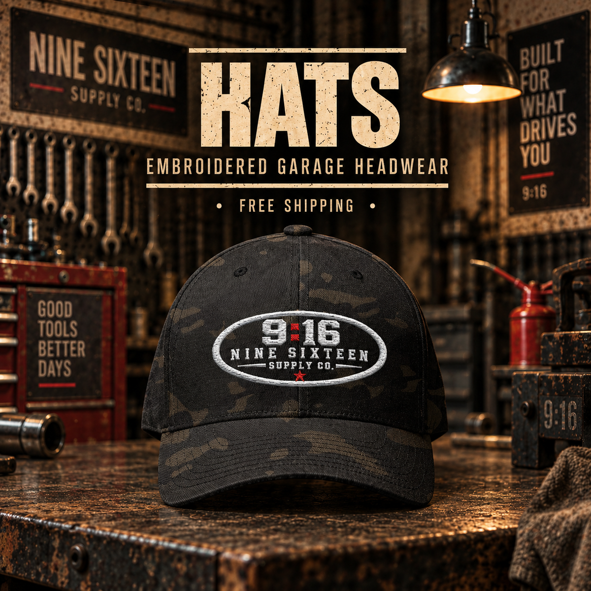 Nine Sixteen Supply Co Hats collection featuring embroidered garage headwear.