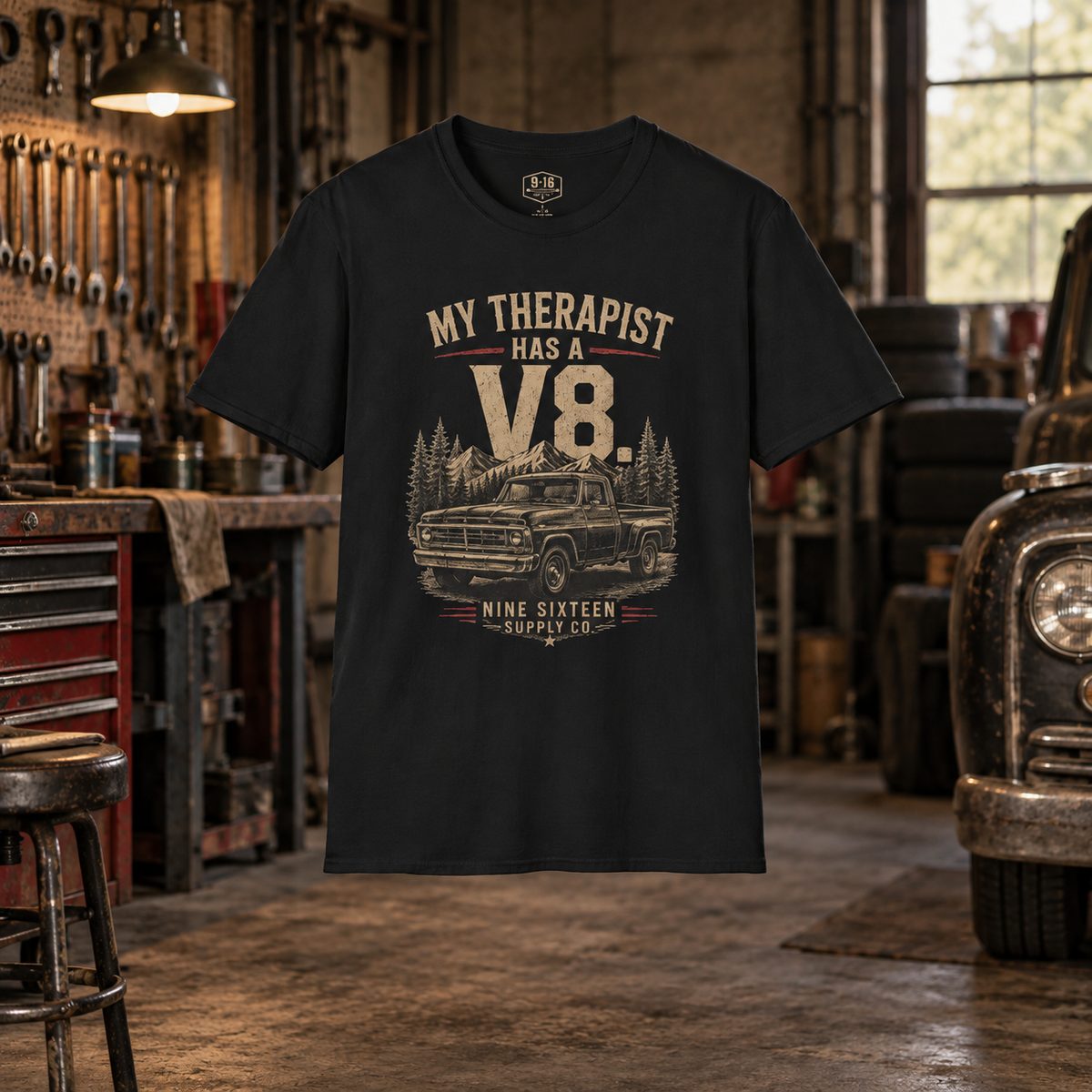 My Therapist Has a V8 graphic tee in a vintage garage workshop by Nine Sixteen Supply Co.