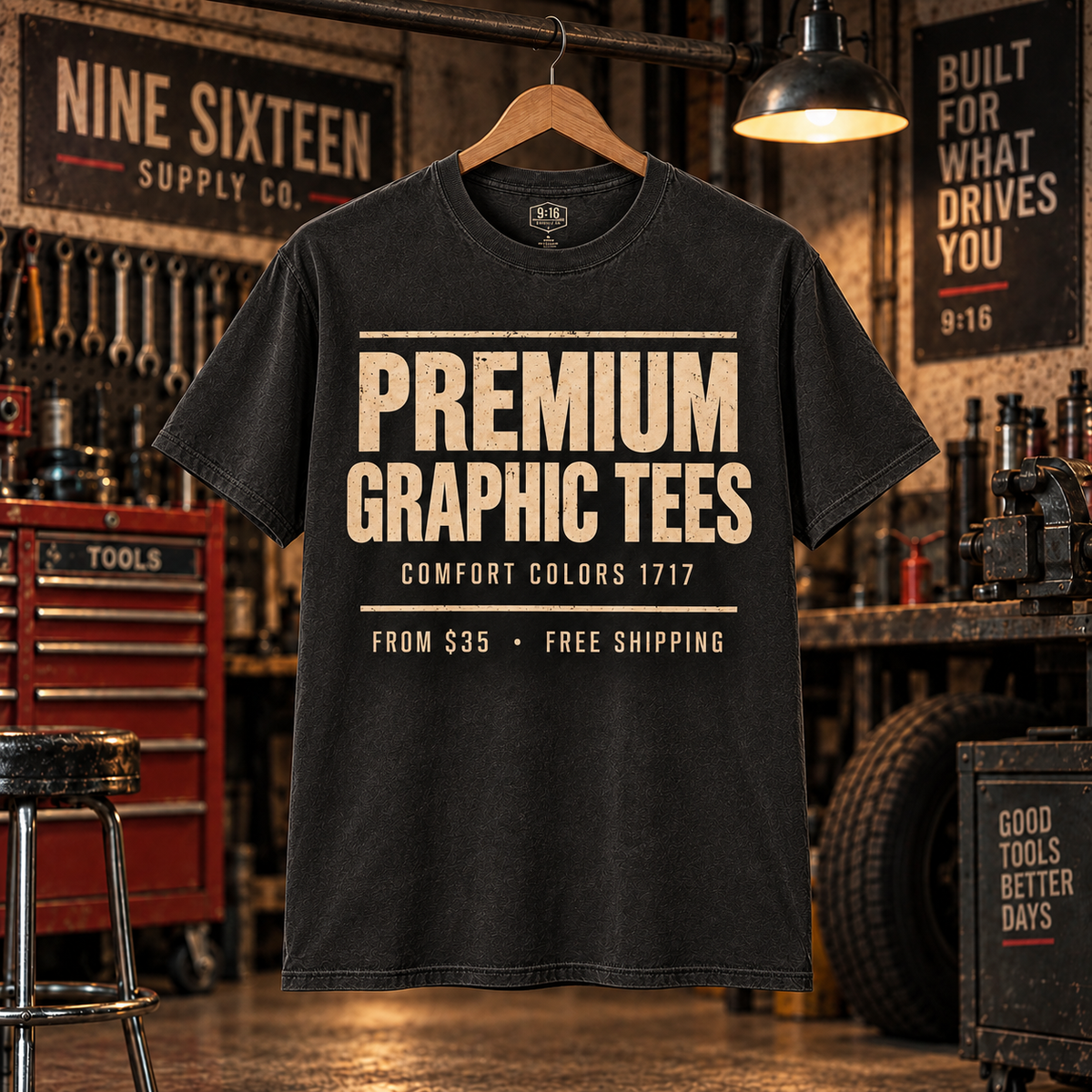 Nine Sixteen Supply Co Premium Graphic Tees collection featuring Comfort Colors 1717 shirts.