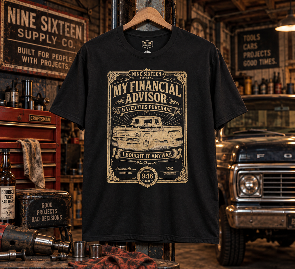My Financial Advisor Hated This Purchase graphic tee in a vintage garage workshop by Nine Sixteen Supply Co.