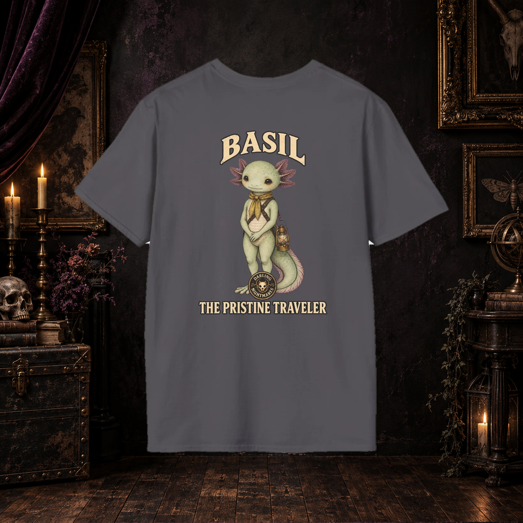 Basil the Axolotl Darling Nightmares T-shirt on gothic background