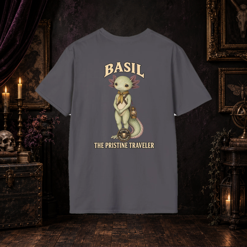 Basil the Axolotl Darling Nightmares T-shirt on gothic background