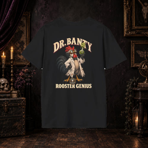 Dr. Banty the Rooster Genius Darling Nightmares T-shirt on gothic background