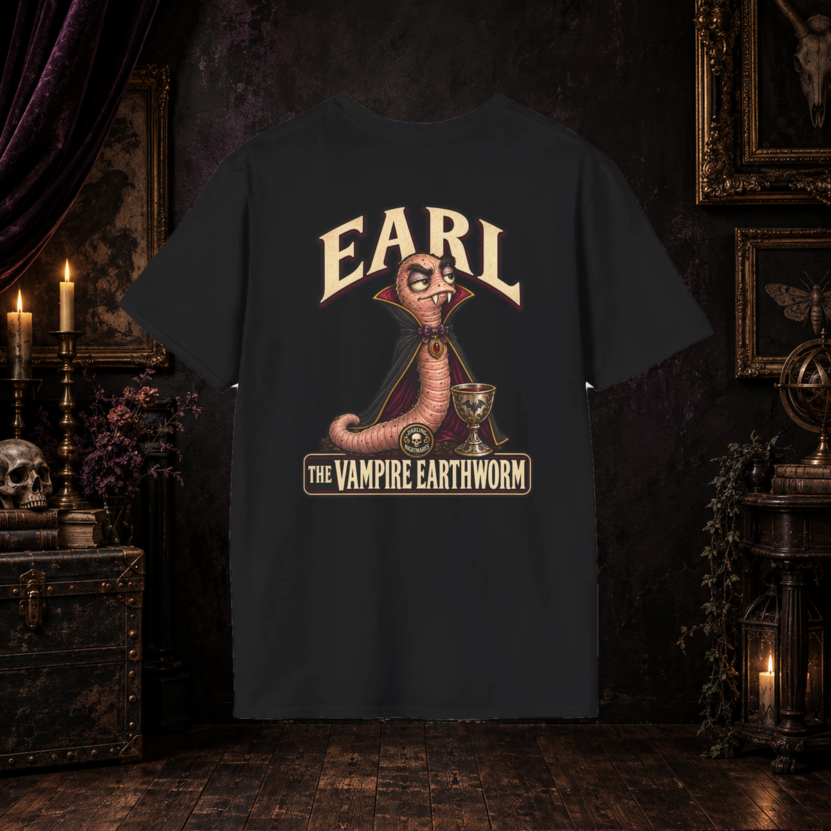 Earl the Vampire Earthworm Darling Nightmares T-shirt on gothic background