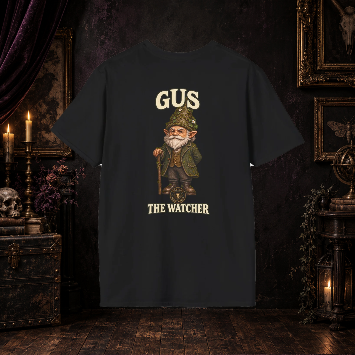 Gus the Garden Watcher Darling Nightmares T-shirt on gothic background