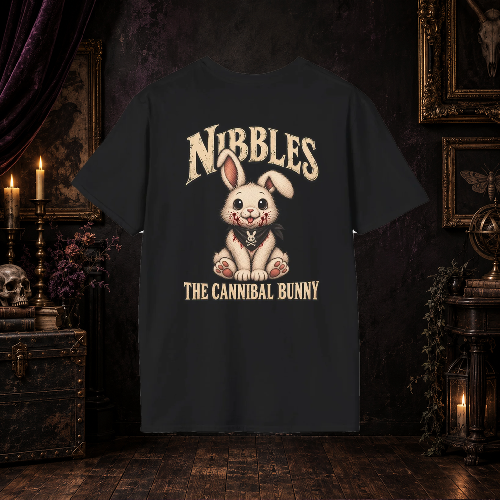 Nibbles the Cannibal Rabbit Darling Nightmares T-shirt on gothic background