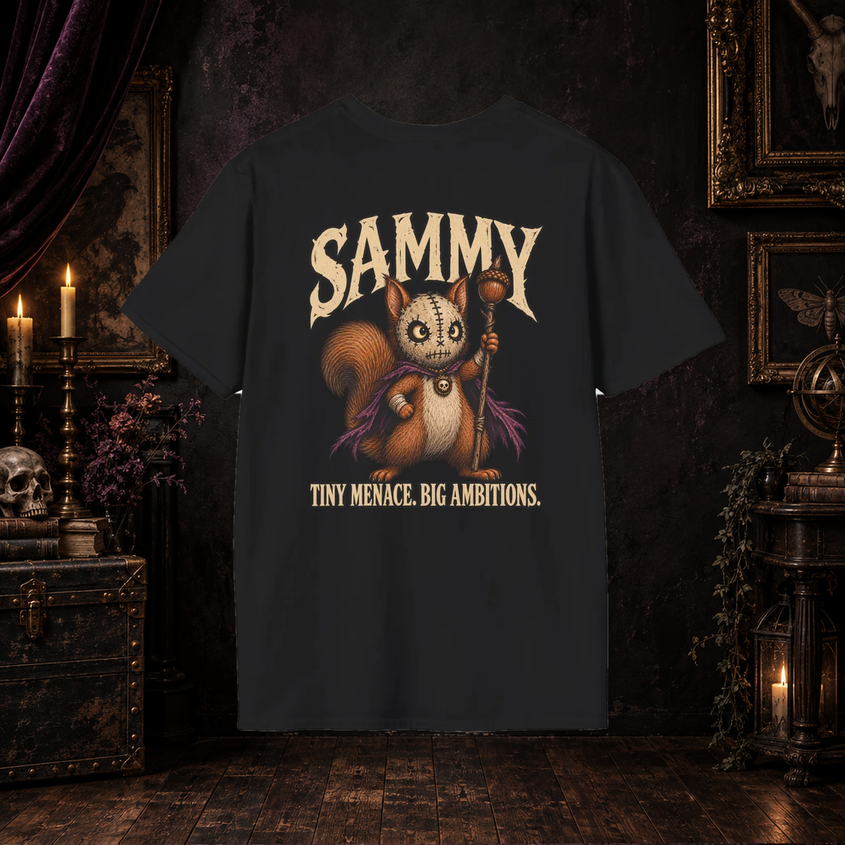Sammy the Masked Slayer Squirrel Darling Nightmares T-shirt on gothic background
