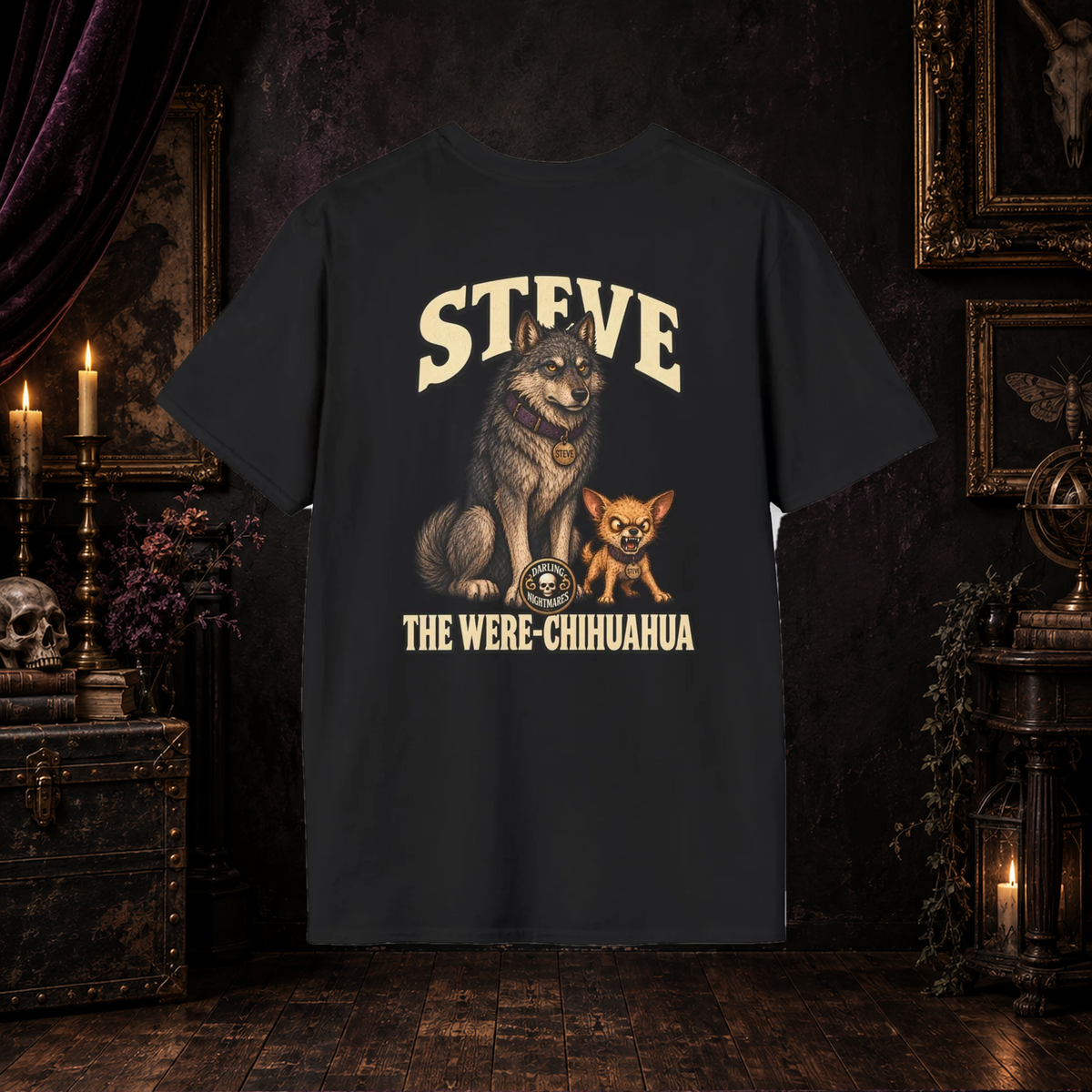 Steve the Were-Chihuahua Darling Nightmares T-shirt on gothic background