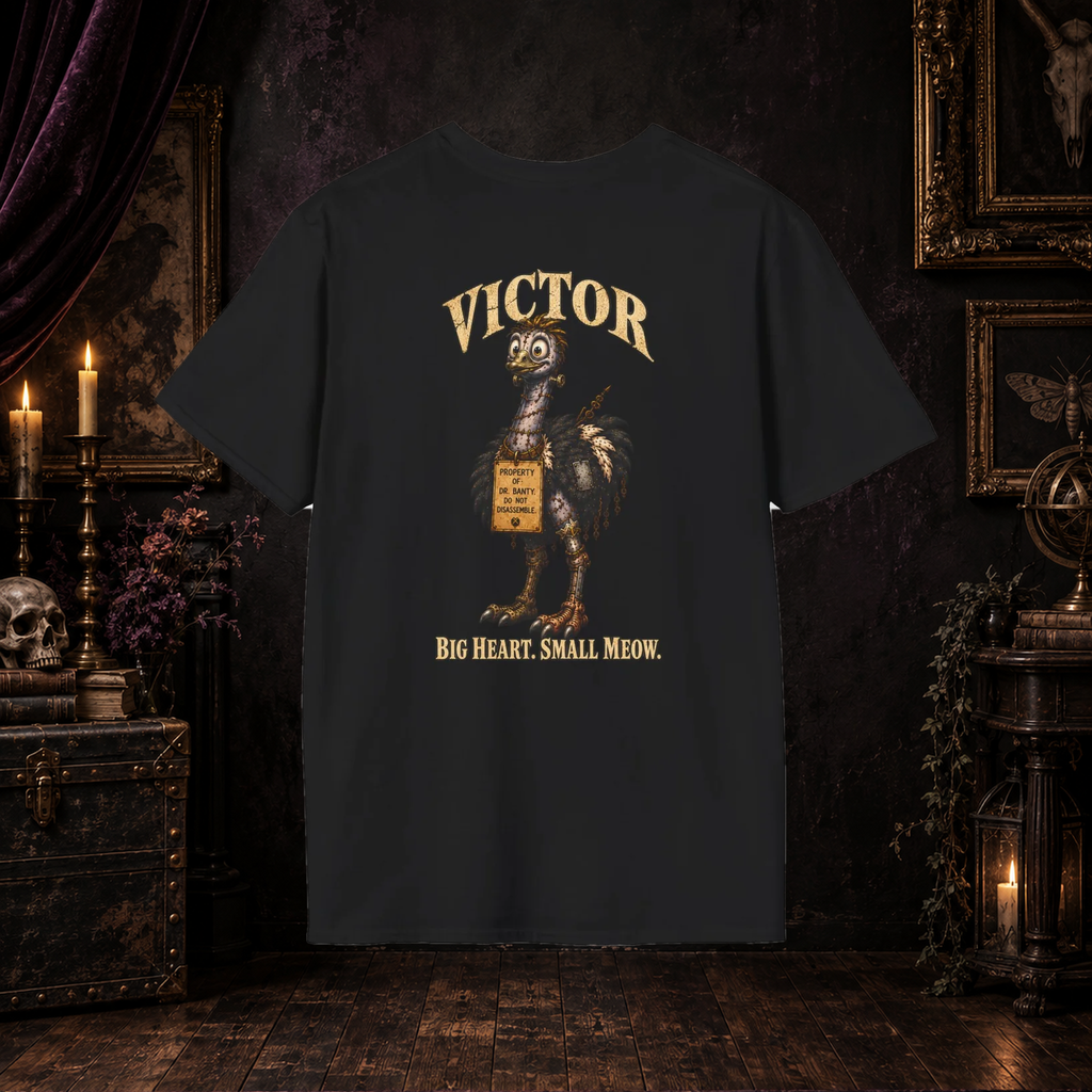 Victor the Franken-Ostrich Darling Nightmares T-shirt on gothic background