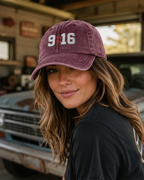 9:16 distressed garage hat hero image