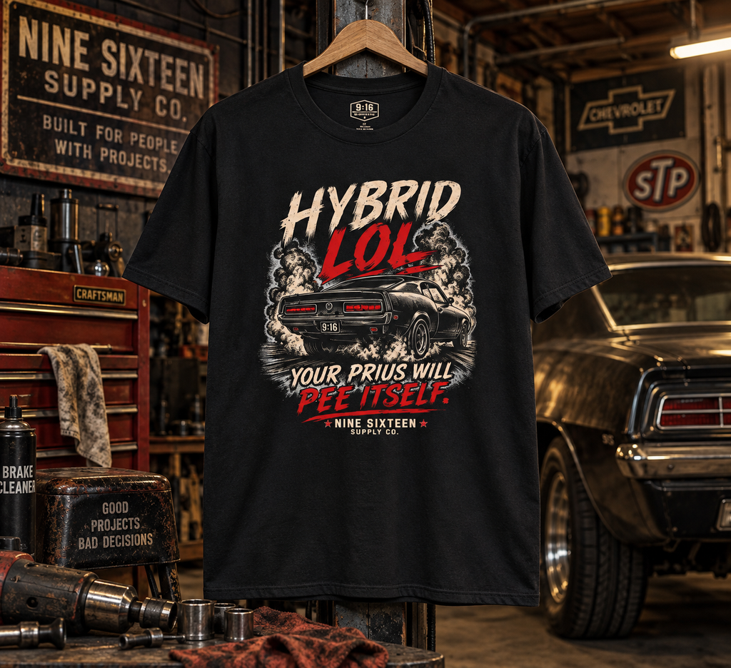 Hybrid LOL graphic tee in a vintage garage workshop by Nine Sixteen Supply Co.