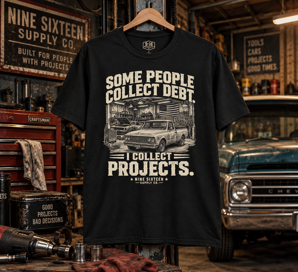 I Collect Projects graphic tee in a vintage garage workshop by Nine Sixteen Supply Co.