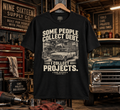 I Collect Projects graphic tee in a vintage garage workshop by Nine Sixteen Supply Co.