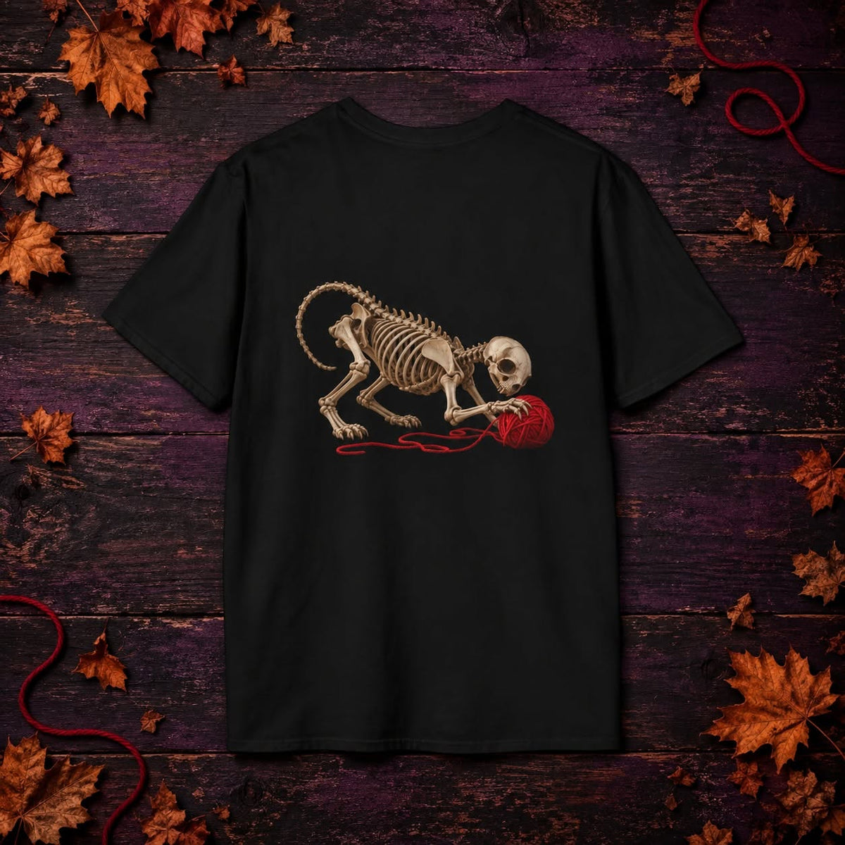 Skeleton Cat & Red Yarn — Halloween Tee hero image