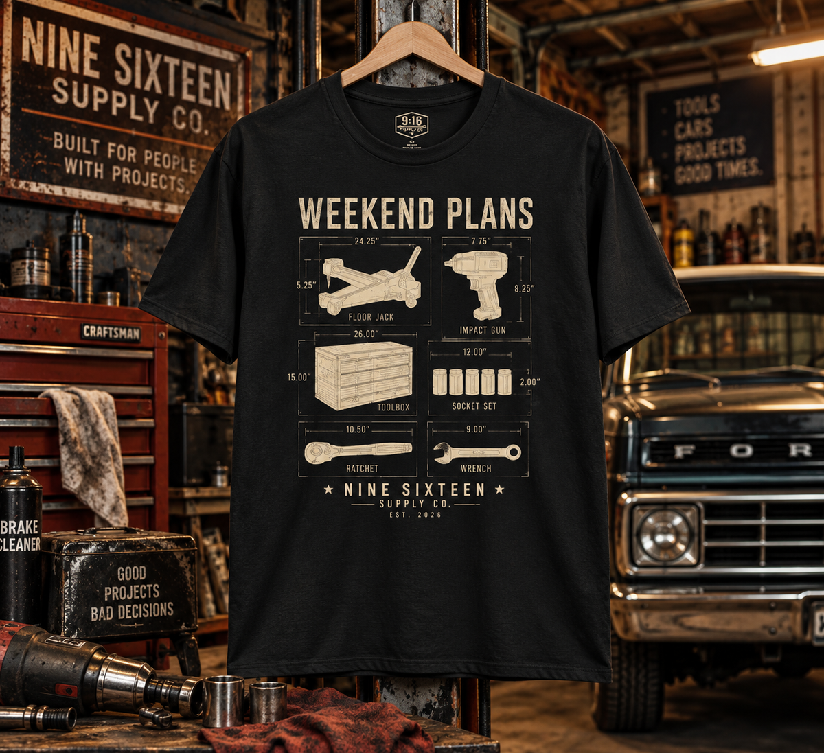 Weekend Plans graphic tee in a vintage garage workshop by Nine Sixteen Supply Co.